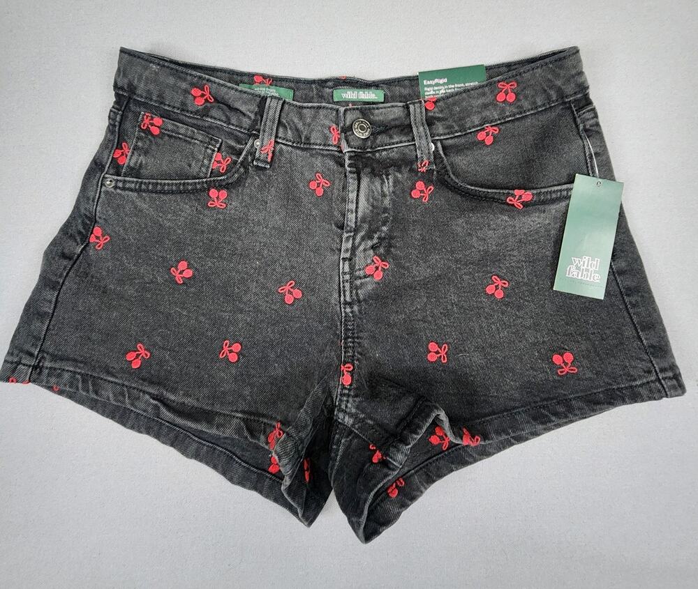 Wild Fable Women's size 4 black shorts embroidered red cherries NWT 99% cotton